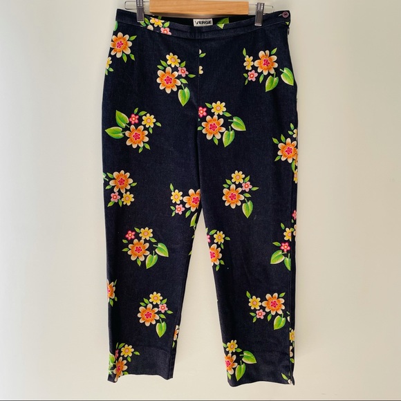 verge Pants - Verge NZ Flower Denim Stretch Pants Sz 16 Retro